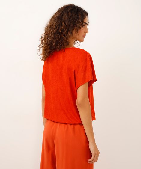 blusa de suede decote v elástico na barra laranja