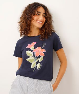 camiseta de algodão choose to bloom floral azul