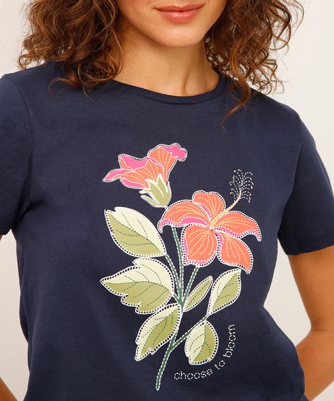 camiseta de algodão choose to bloom floral azul