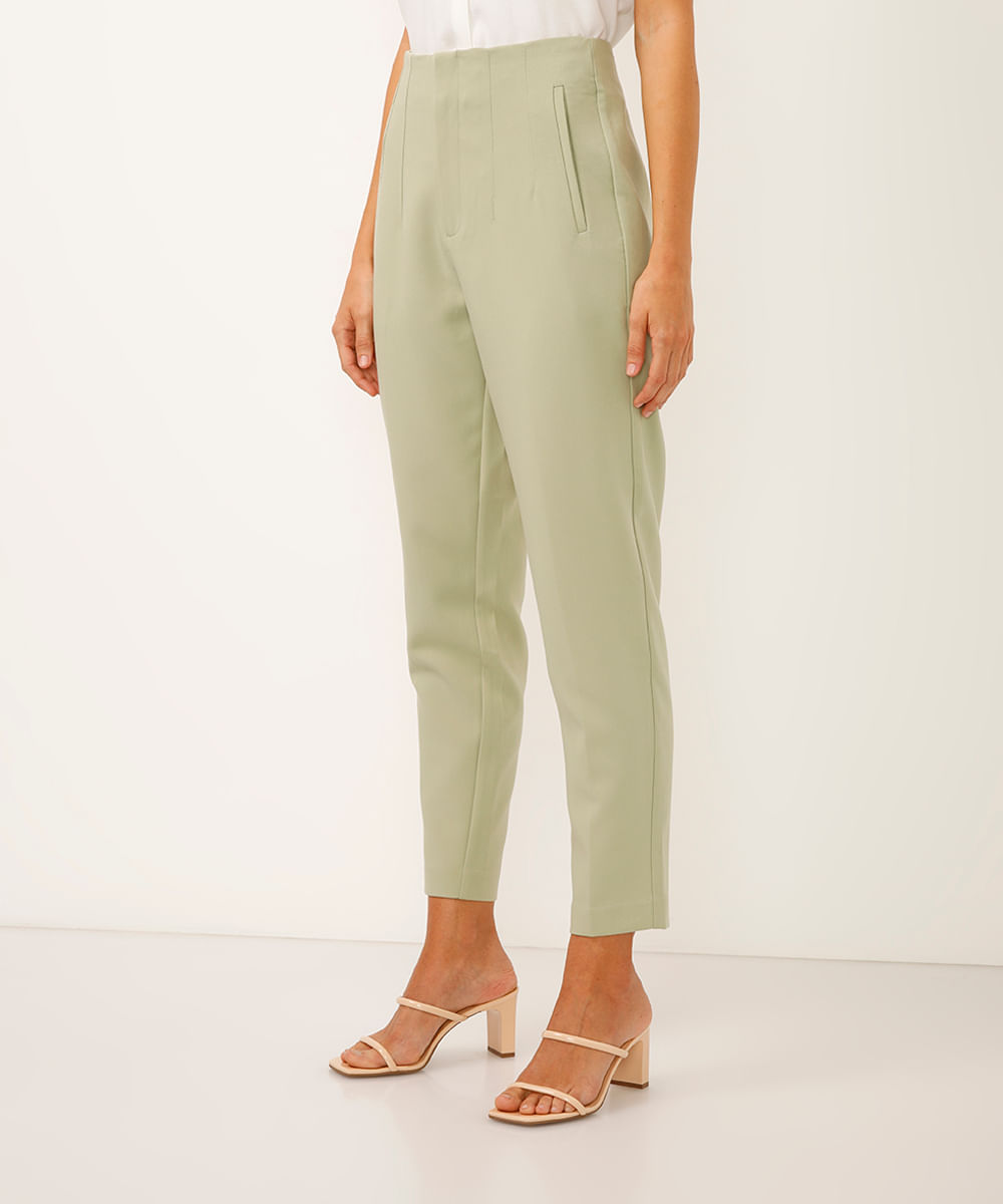 calça alfaiataria cintura alta com pences - verde médio