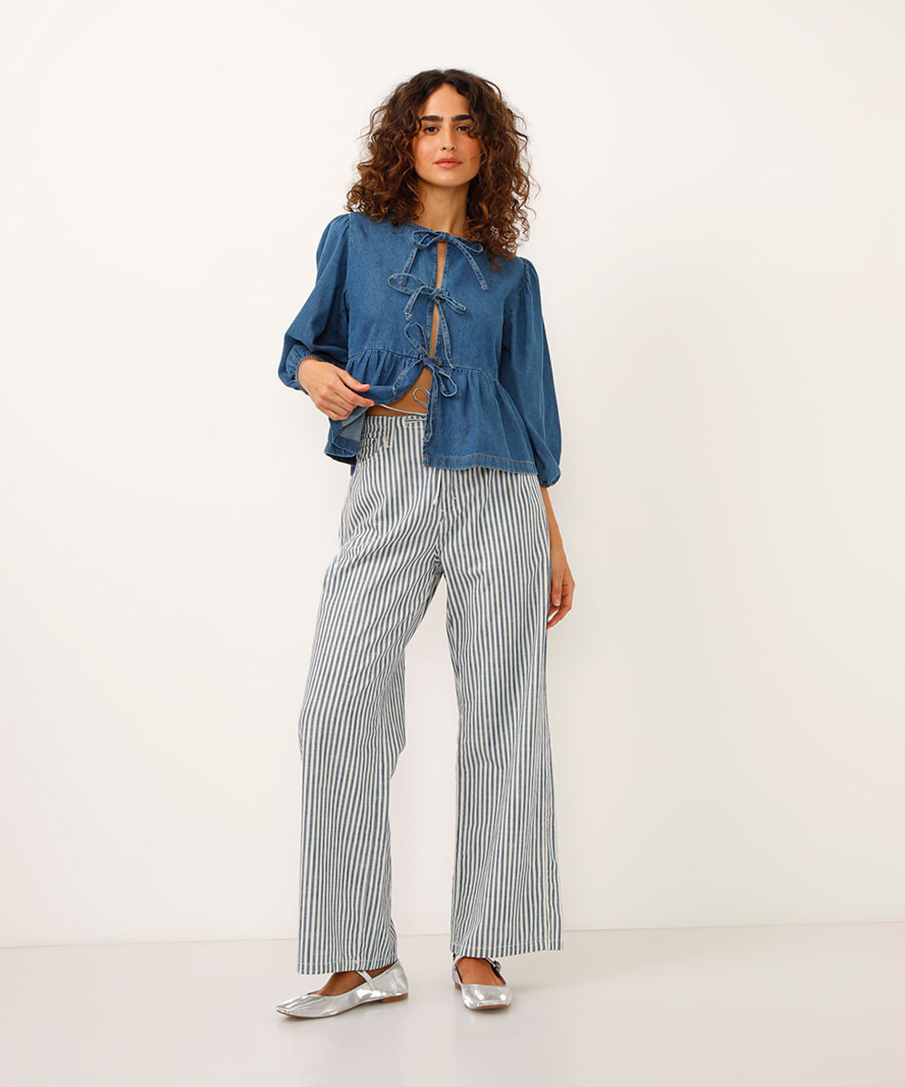 calça reta cintura ajustável listrada azul