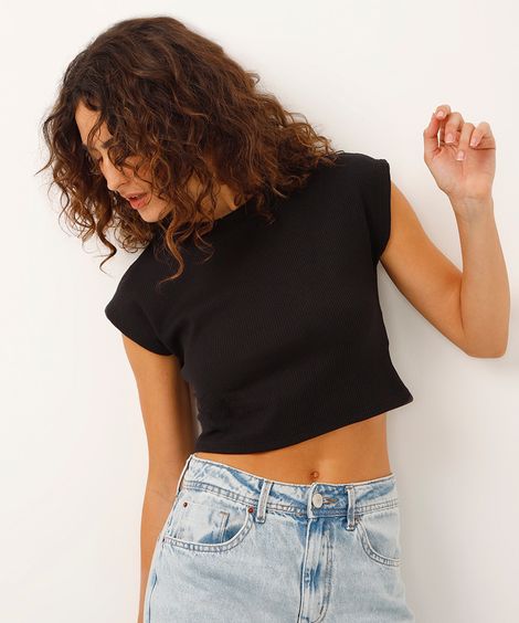 cropped texturizado decote redondo preto