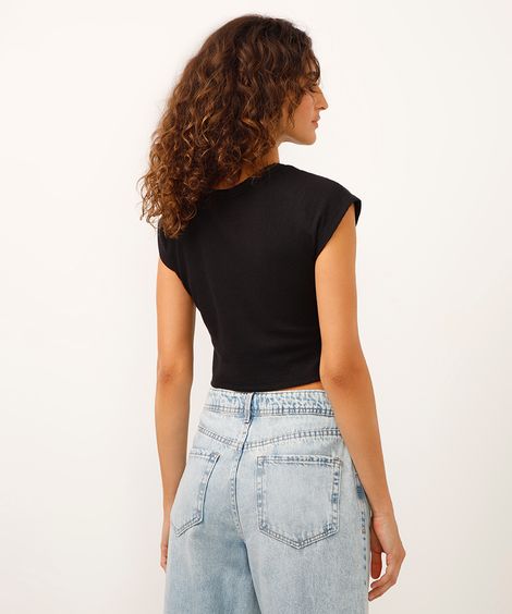 cropped texturizado decote redondo preto