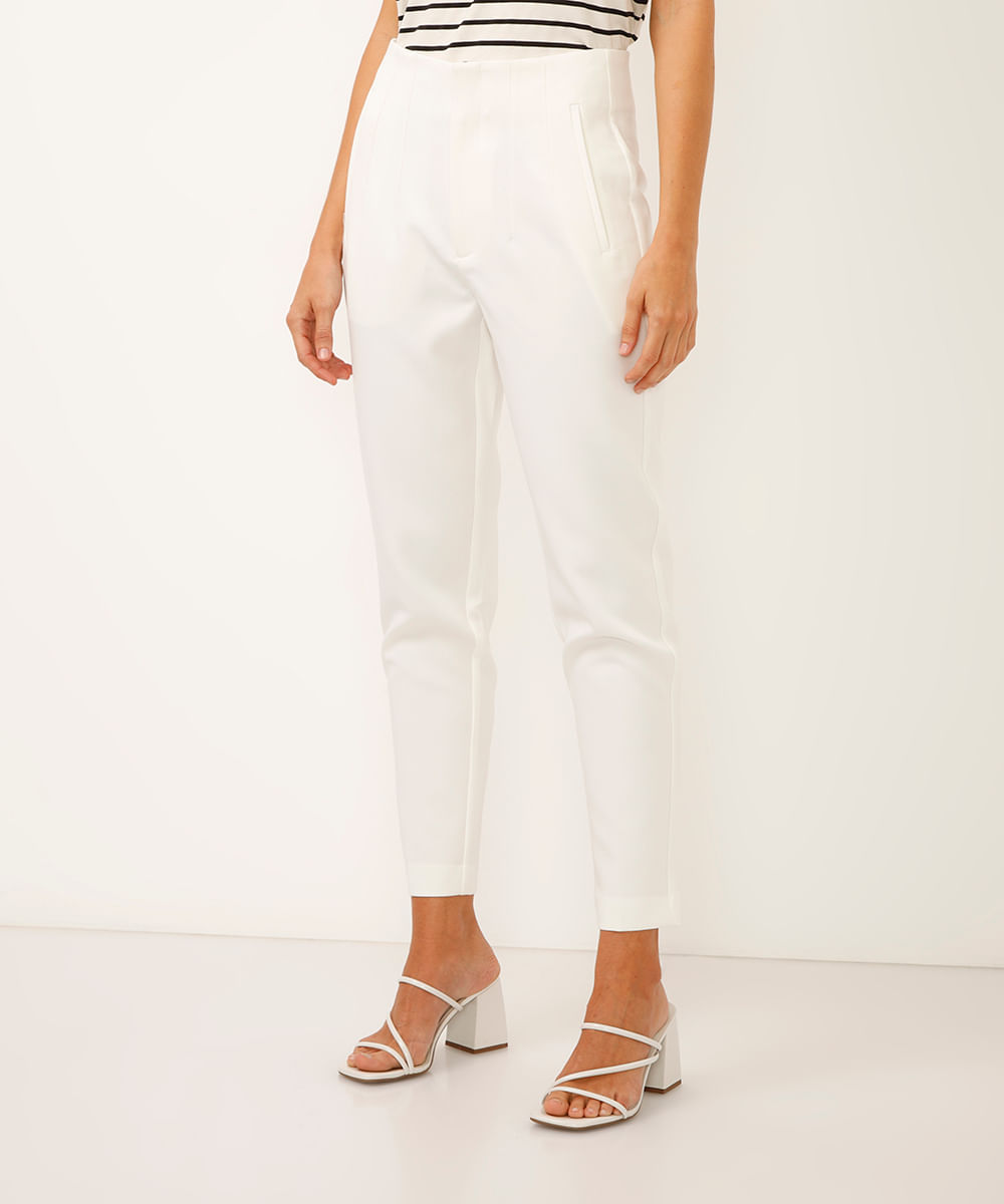 calça alfaiataria cintura alta com pences - off white