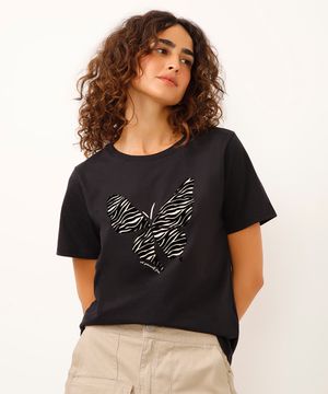 camiseta de algodão manga curta borboleta preta