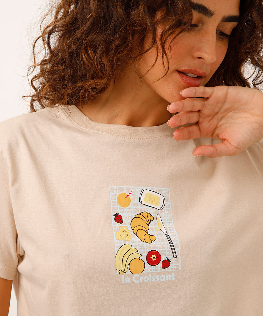 camiseta de algodão manga curta croissant bege