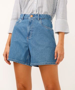 bermuda mom jeans cintura alta azul