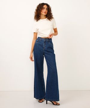 calça wide leg jeans cintura alta azul