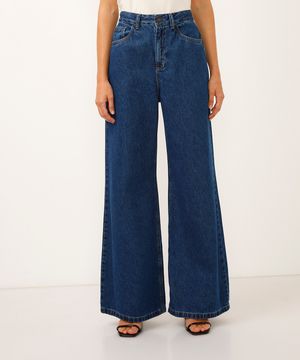 calça wide leg jeans cintura alta azul