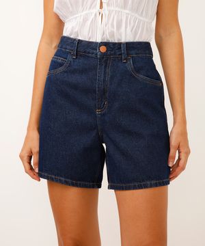 bermuda mom jeans cintura alta azul