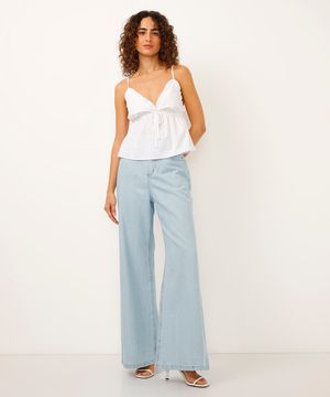 calça wide leg jeans cintura alta azul