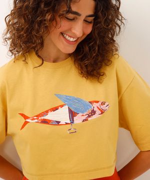 cropped de algodão peixe jade marangolo amarelo