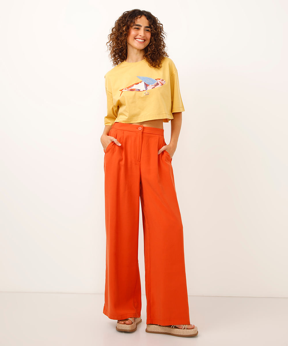cropped de algodão peixe jade marangolo amarelo