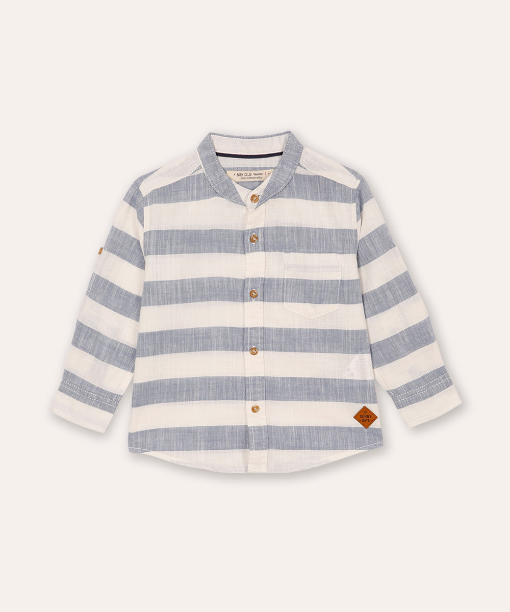 camisa infantil de algodão gola padre listrada branca