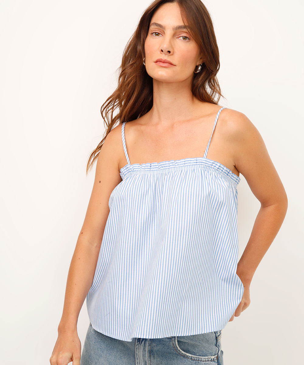 blusa listrada de algodão com babado azul
