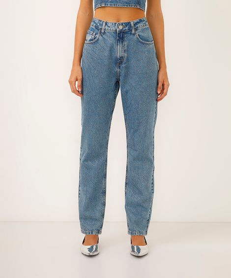 calça reta jeans cintura alta com strass azul
