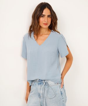 blusa decote v manga com transpasse azul