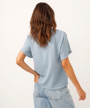 blusa decote v manga com transpasse azul