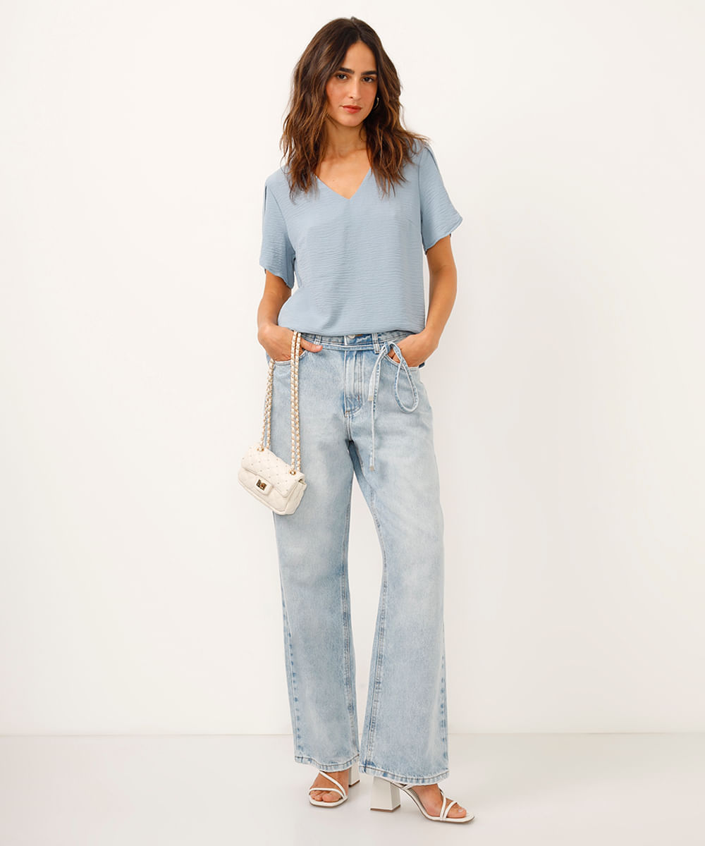 blusa decote v manga com transpasse azul