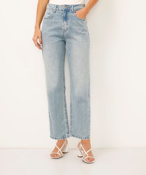 calça jeans reta cintura super alta azul claro