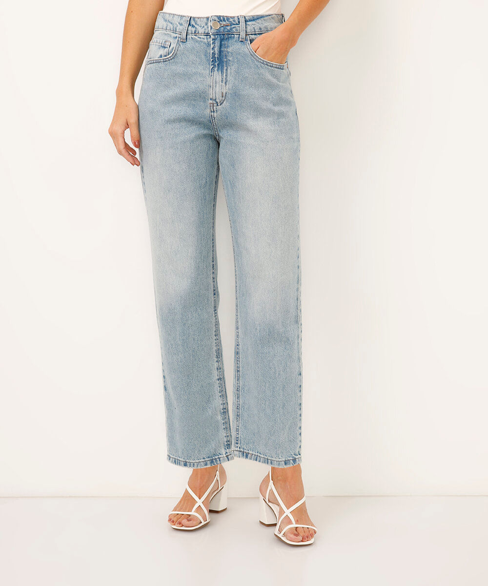 calça jeans reta cintura super alta azul claro