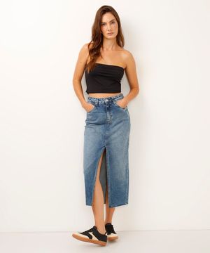 saia jeans midi cintura alta com fenda azul escuro