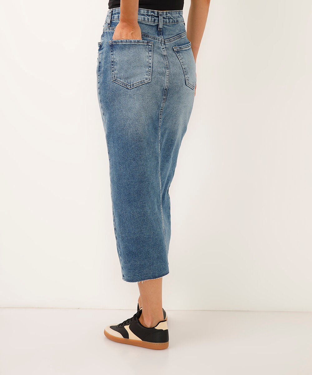 saia jeans midi cintura alta com fenda azul escuro