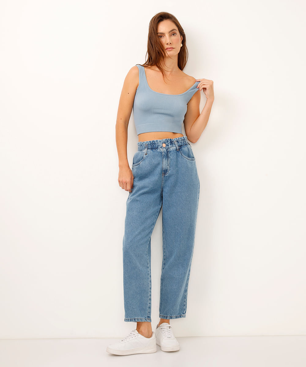 calça clochard jeans cintura alta azul