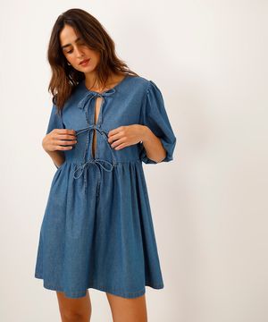 vestido curto jeans manga bufante azul