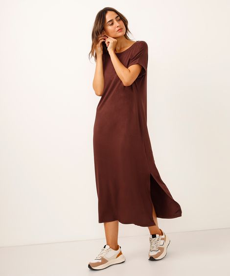 vestido de viscose longo com fenda marrom