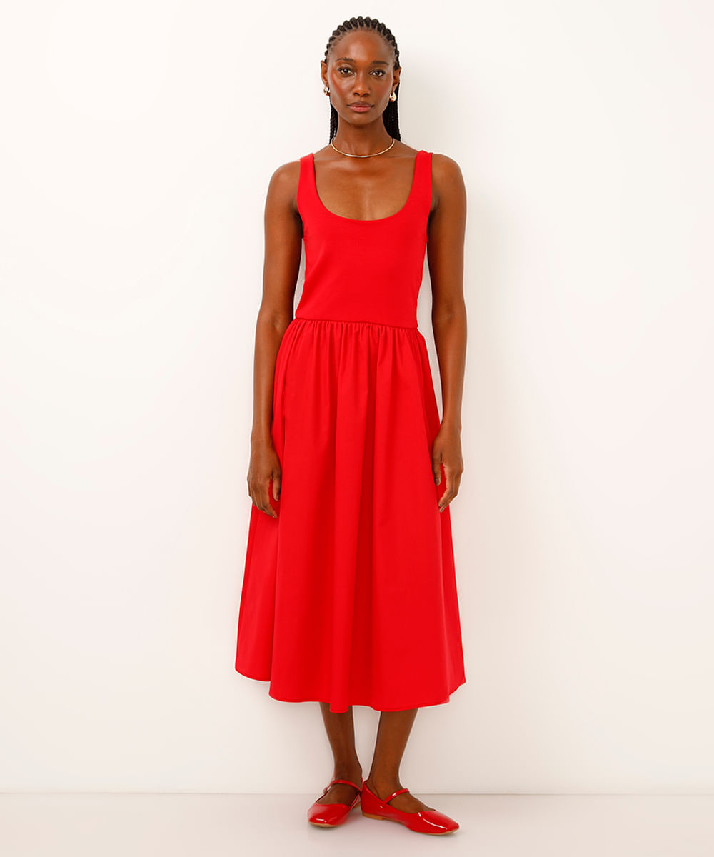 vestido midi saia volumosa vermelho