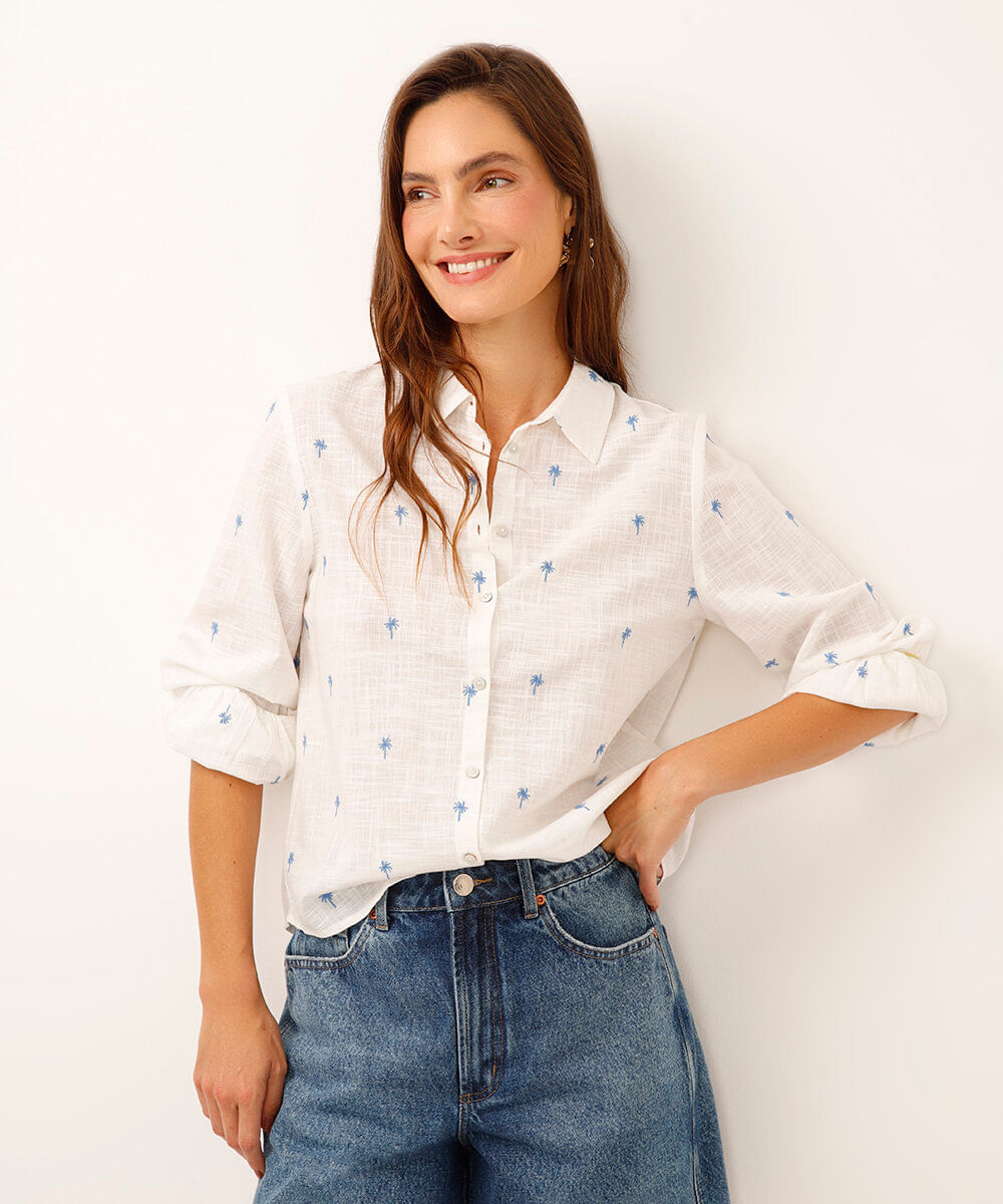 camisa de algodão bordada coqueiros manga longa  off white
