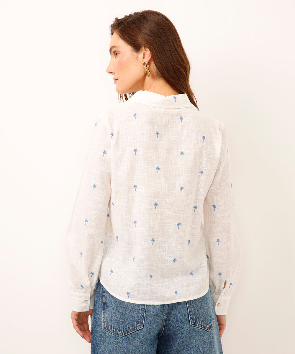 camisa de algodão bordada coqueiros manga longa  off white