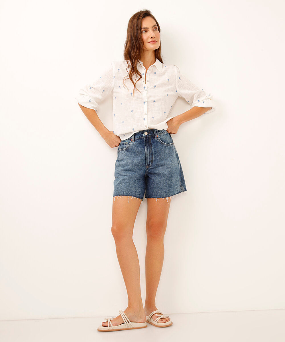 camisa de algodão bordada coqueiros manga longa  off white