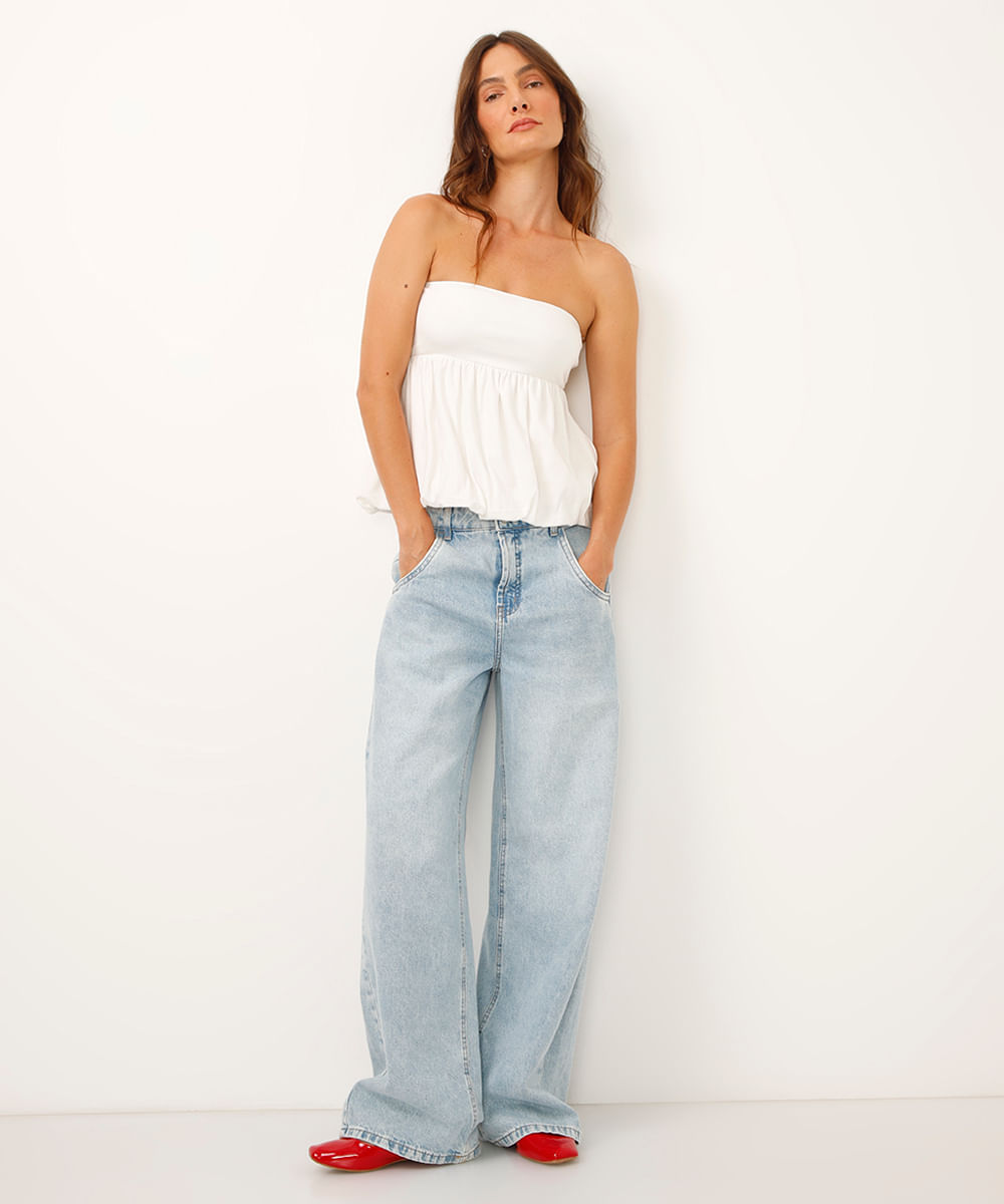 blusa balonê de algodão sem alça off white