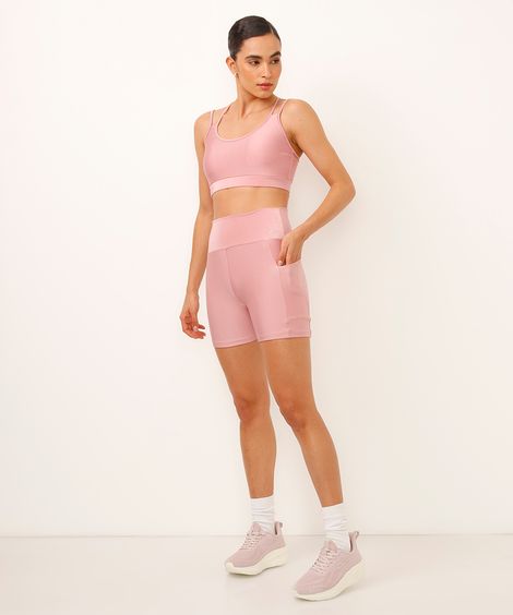 bermuda brilho com bolso cintura alta esportiva rosa