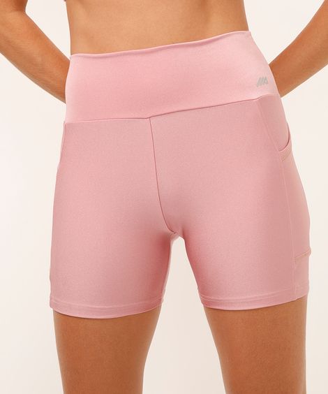 bermuda brilho com bolso cintura alta esportiva rosa