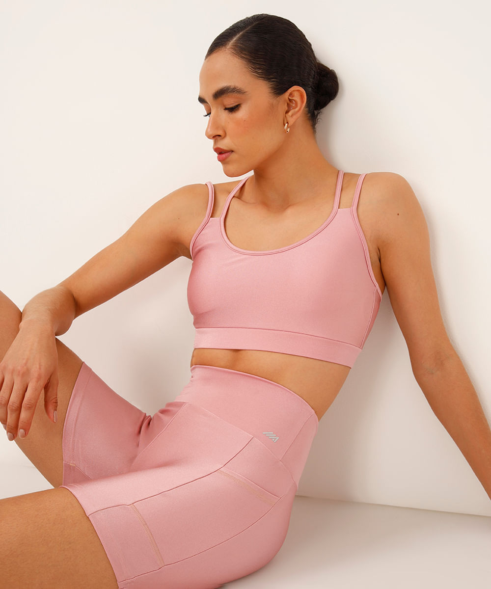 bermuda brilho com bolso cintura alta esportiva rosa