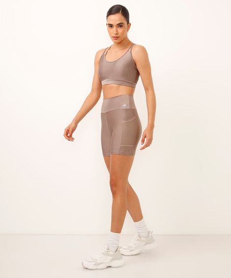 bermuda brilho com bolso cintura alta esportiva marrom