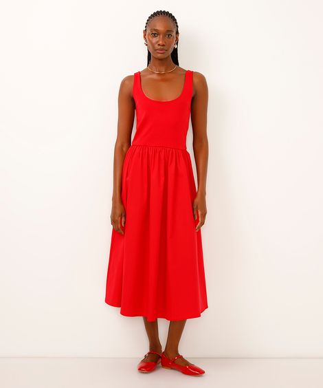 vestido midi saia volumosa vermelho