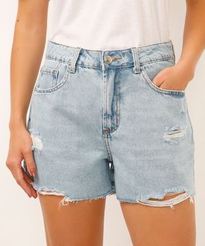 bermuda mom jeans cintura alta destroyed azul