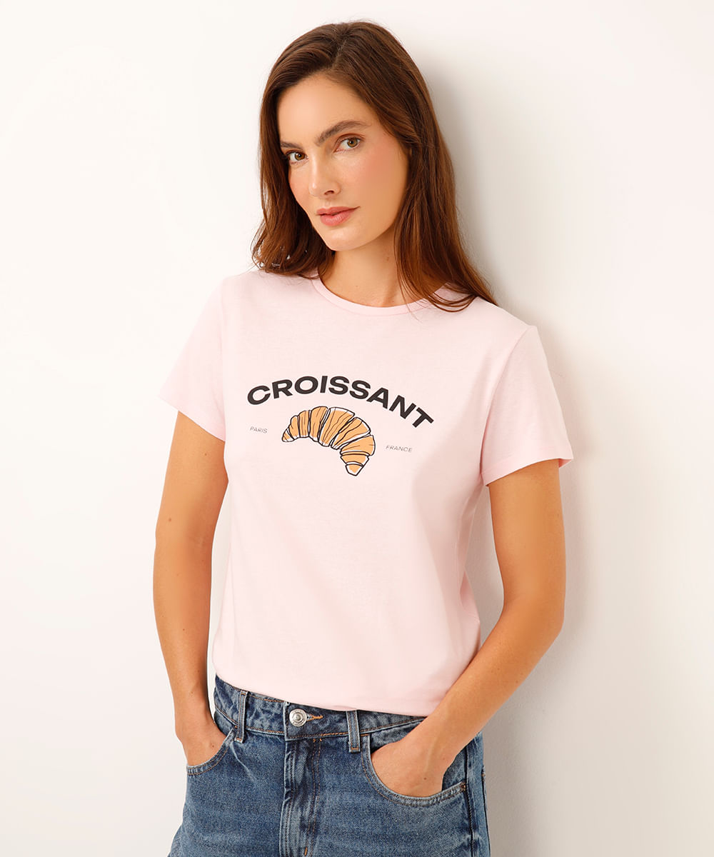 camiseta de algodão manga curta croissant rosa