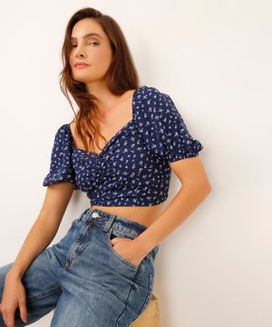 cropped decote coração manga bufante floral azul