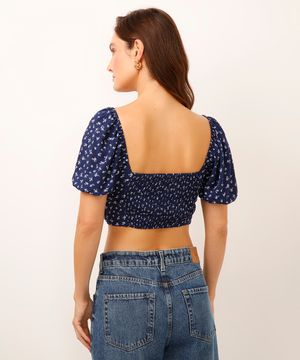 cropped decote coração manga bufante floral azul