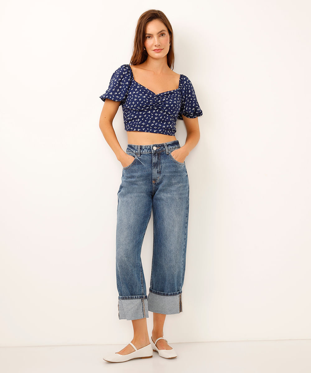 cropped decote coração manga bufante floral azul