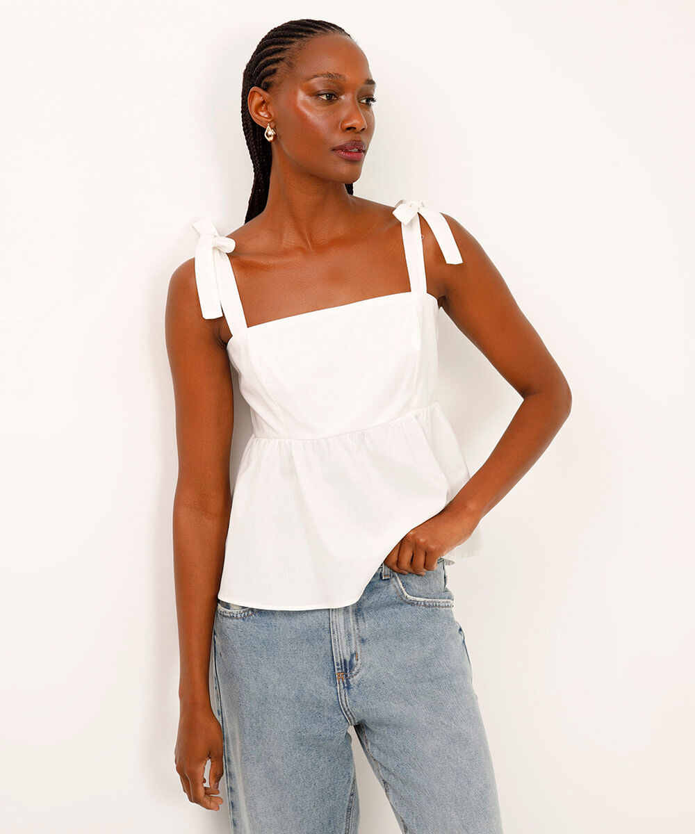 blusa de algodão evasê com amarração off white