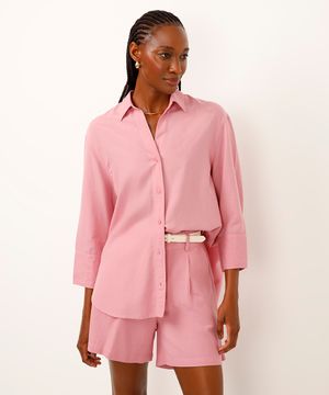 camisa de viscose com linho manga longa rosa