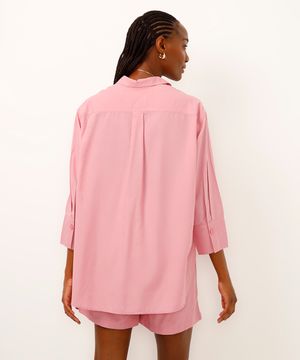 camisa de viscose com linho manga longa rosa