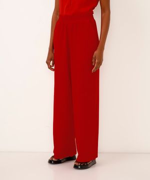 calça wide leg com bolsos texturizada vermelha