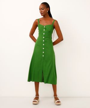 vestido midi com linho botões verde